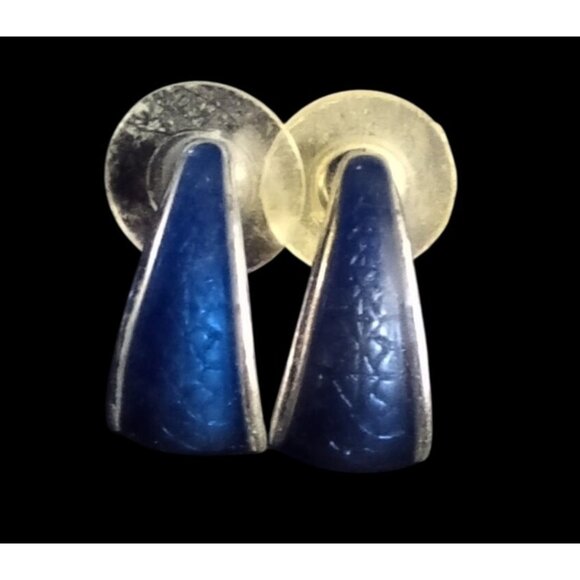 Vintage Silver & Blue Enamel Crescent-Shaped Stud Earrings With Push Back Closur - Picture 1 of 9